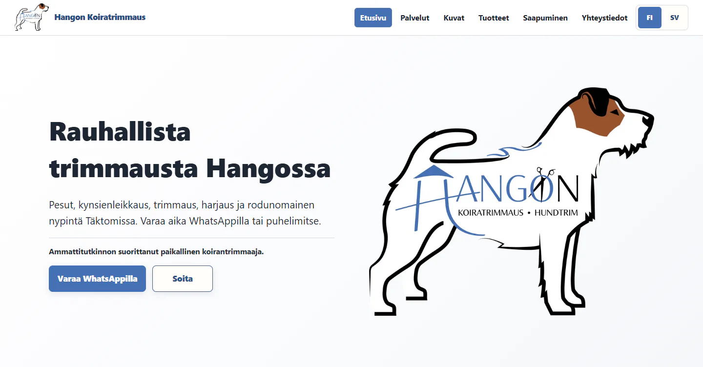 Hangon Koiratrimmauksen uudistettu etusivu.
