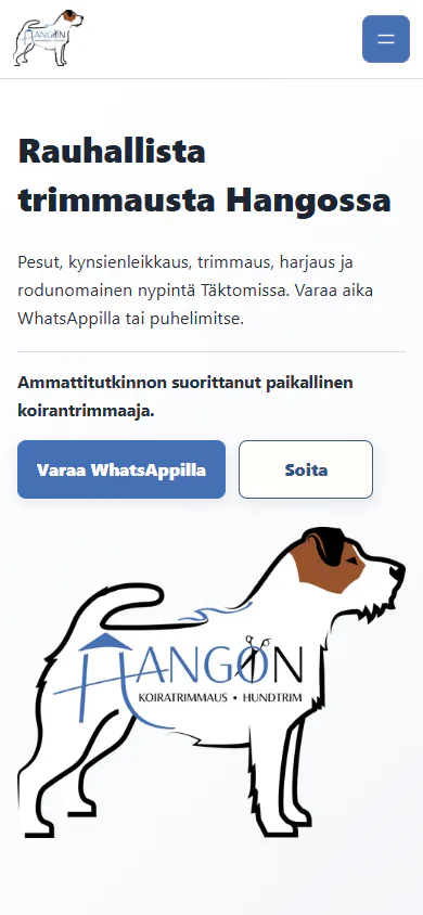 Hangon Koiratrimmaamon uudistettu etusivu puhelimessa.