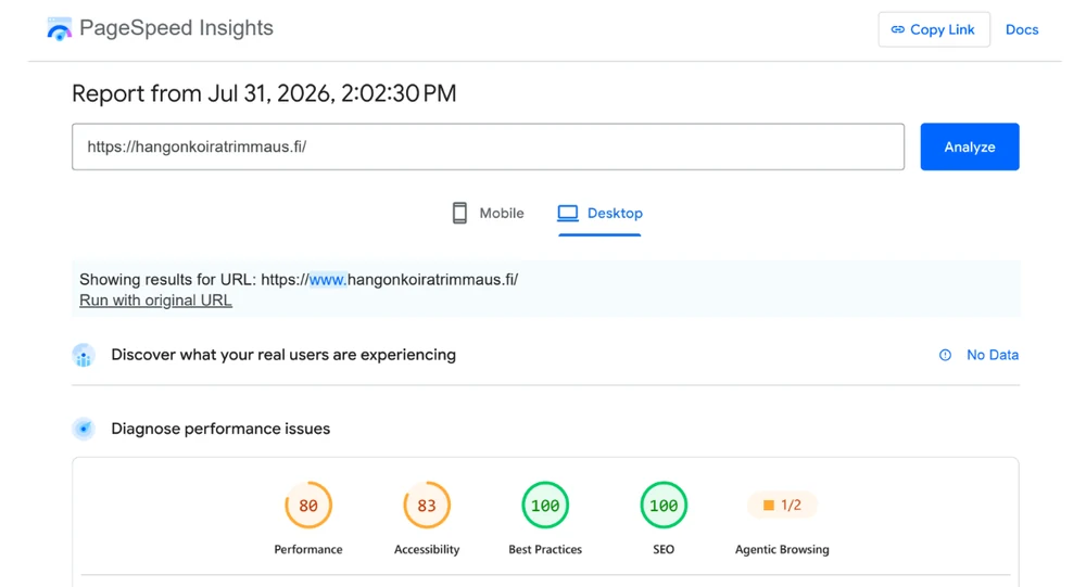 Hangon Koiratrimmaus: PageSpeed Insights. Tietokone · 31.7.2026 · Ennen uudistusta. 80/100 suorituskyky.