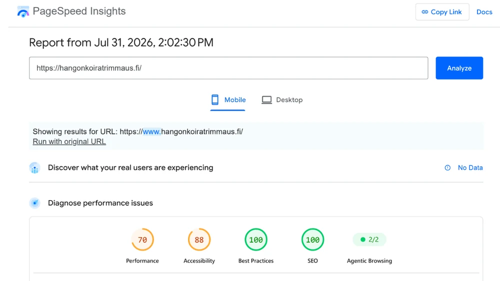 Hangon Koiratrimmaus: PageSpeed Insights. Mobiili · 31.7.2026 · Ennen uudistusta. 70/100 suorituskyky.