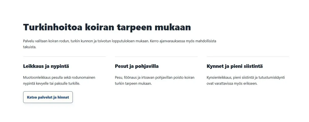 Hangon Koiratrimmaamon palvelusivu esittelee trimmauksen ja turkinhoidon.