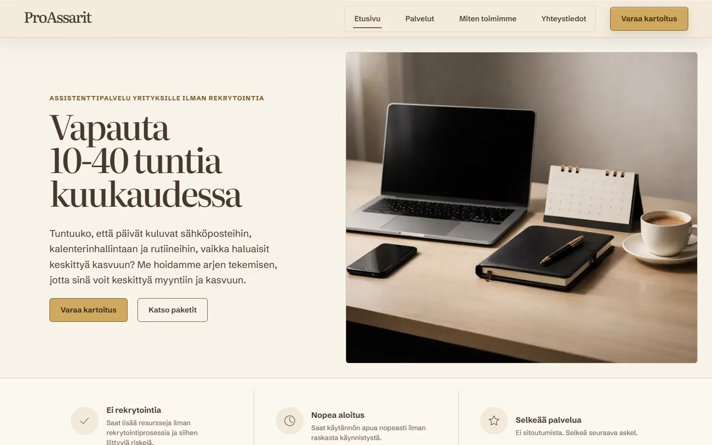 ProAssarit Oy:n etusivu esittelee yrityksille suunnatut assistenttipalvelut.