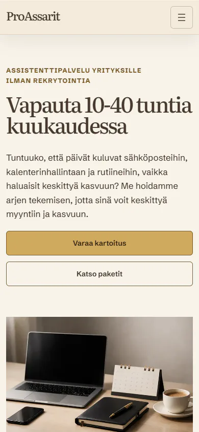 ProAssarit Oy:n etusivu puhelimessa, sisältö yhdessä palstassa.