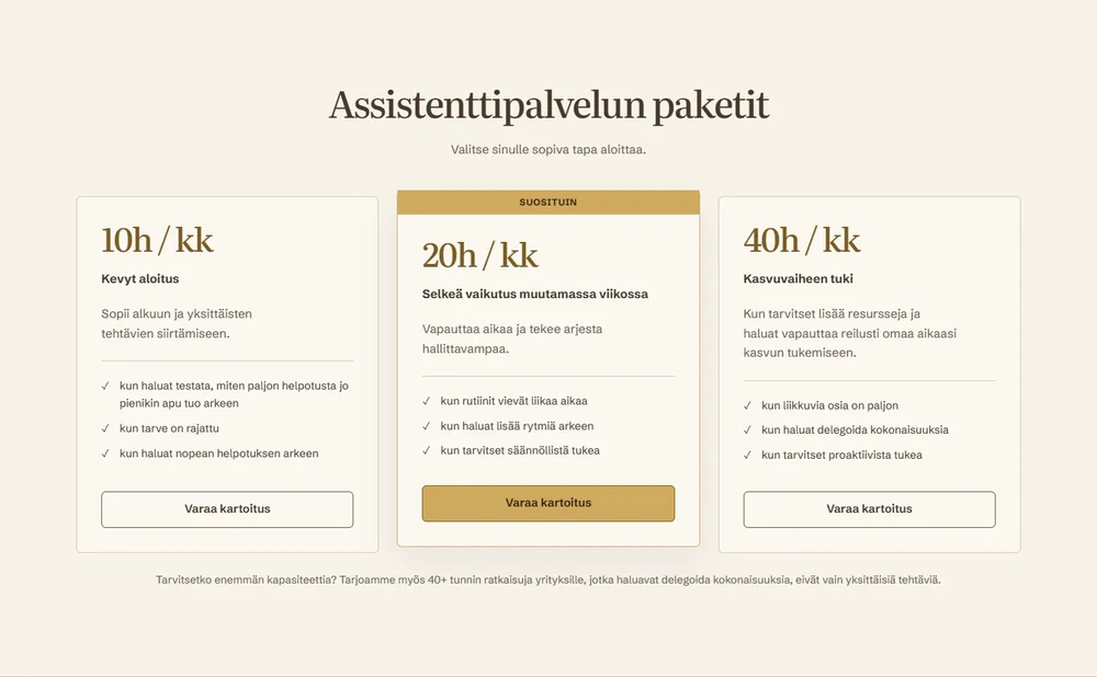 ProAssarit Oy:n palvelupaketit: 10, 20 ja 40 tuntia kuukaudessa.