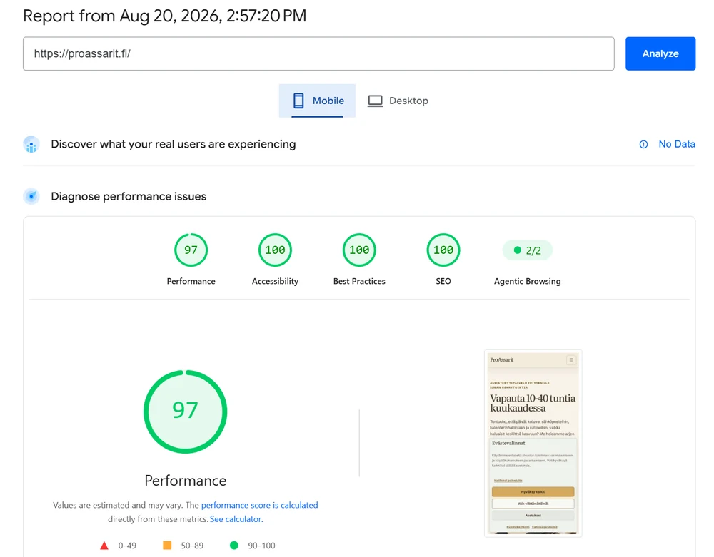 ProAssarit Oy: PageSpeed Insights. Mobiili · 20.8.2026. 97/100 suorituskyky.