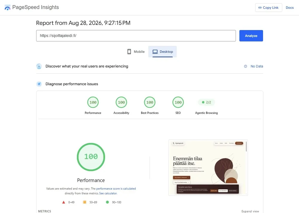 Sijoittajaleidi: PageSpeed Insights. Tietokone · 28.8.2026. 100/100 suorituskyky.