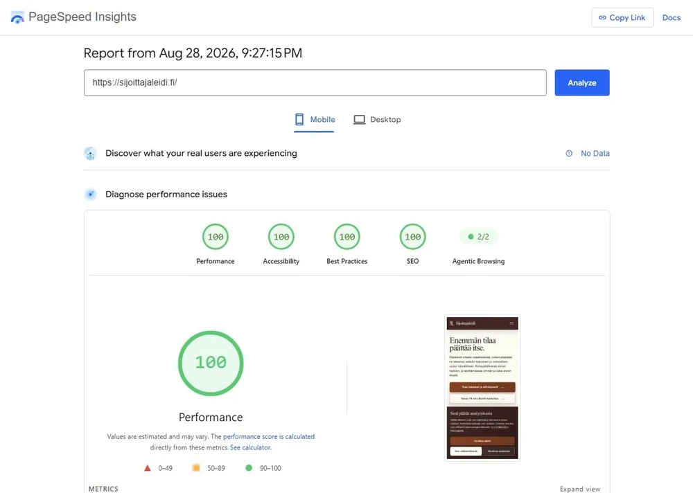 Sijoittajaleidi: PageSpeed Insights. Mobiili · 28.8.2026. 100/100 suorituskyky.