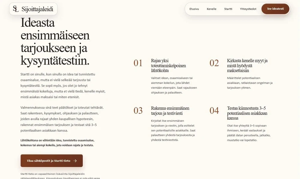 Sijoittajaleidin Startti-konsultaation neljä vaihetta verkkosivulla.